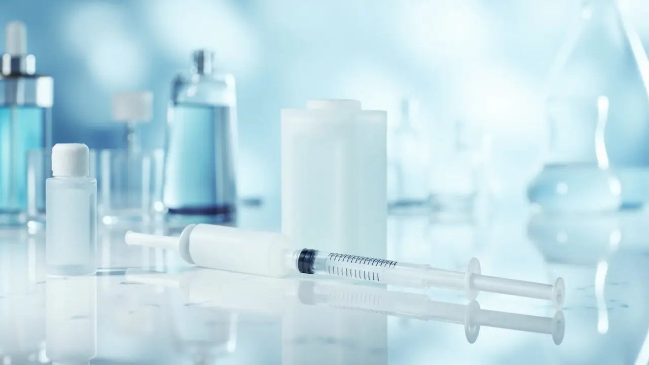 White plastic syringe with black plunger and measurement markings for integrating pure peptides into urban wellness routines