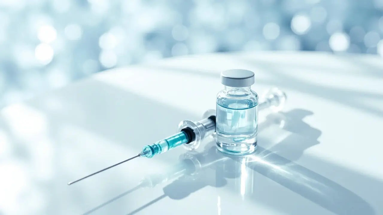 Retatrutide peptide vial with light blue liquid, silver cap and syringe