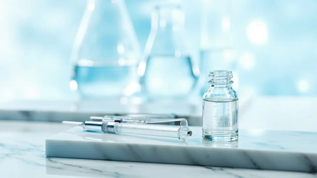 Clear glass vial of research peptide with transparent liquid, India premium wellness.