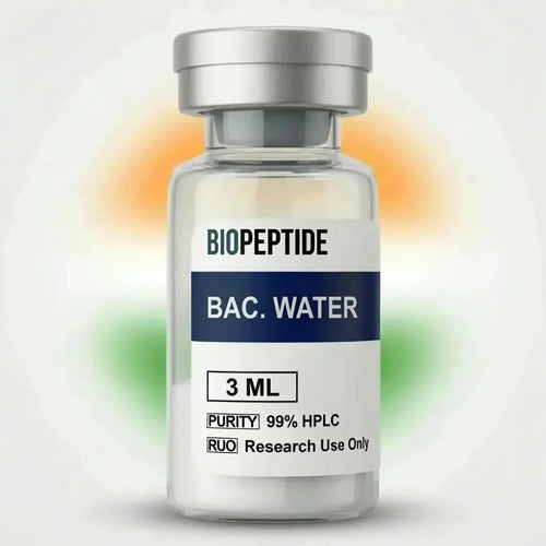 Clear glass vial with silver cap labeled Biopeptide Bac, Bacteriostatic Water 3ml BioPeptide India