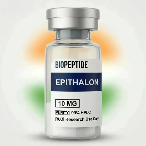 Clear glass vial with silver cap labeled biopeptide epithalon 10 mg for research use only in epithalon peptide product