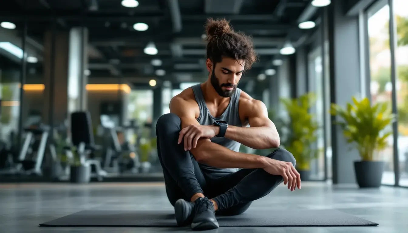 Bearded man in bun meditates on yoga mat for urban peptide wellness routine