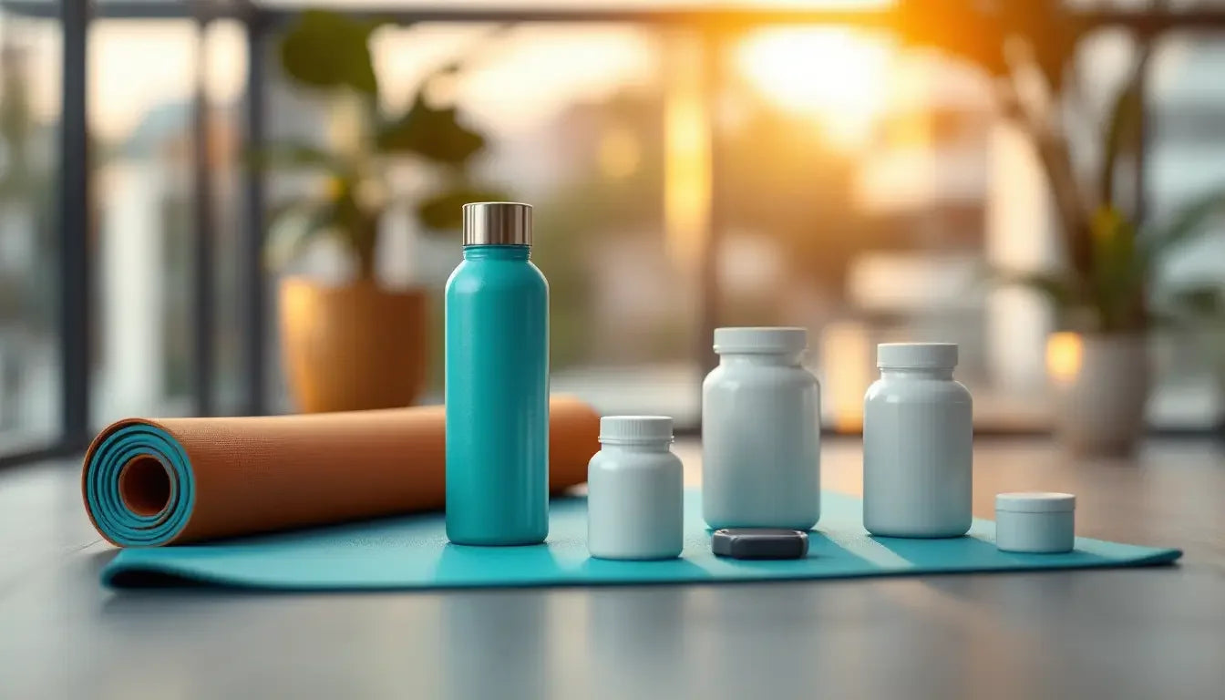 Sleek matte teal Pure Peptides water bottle with gold cap on yoga mat