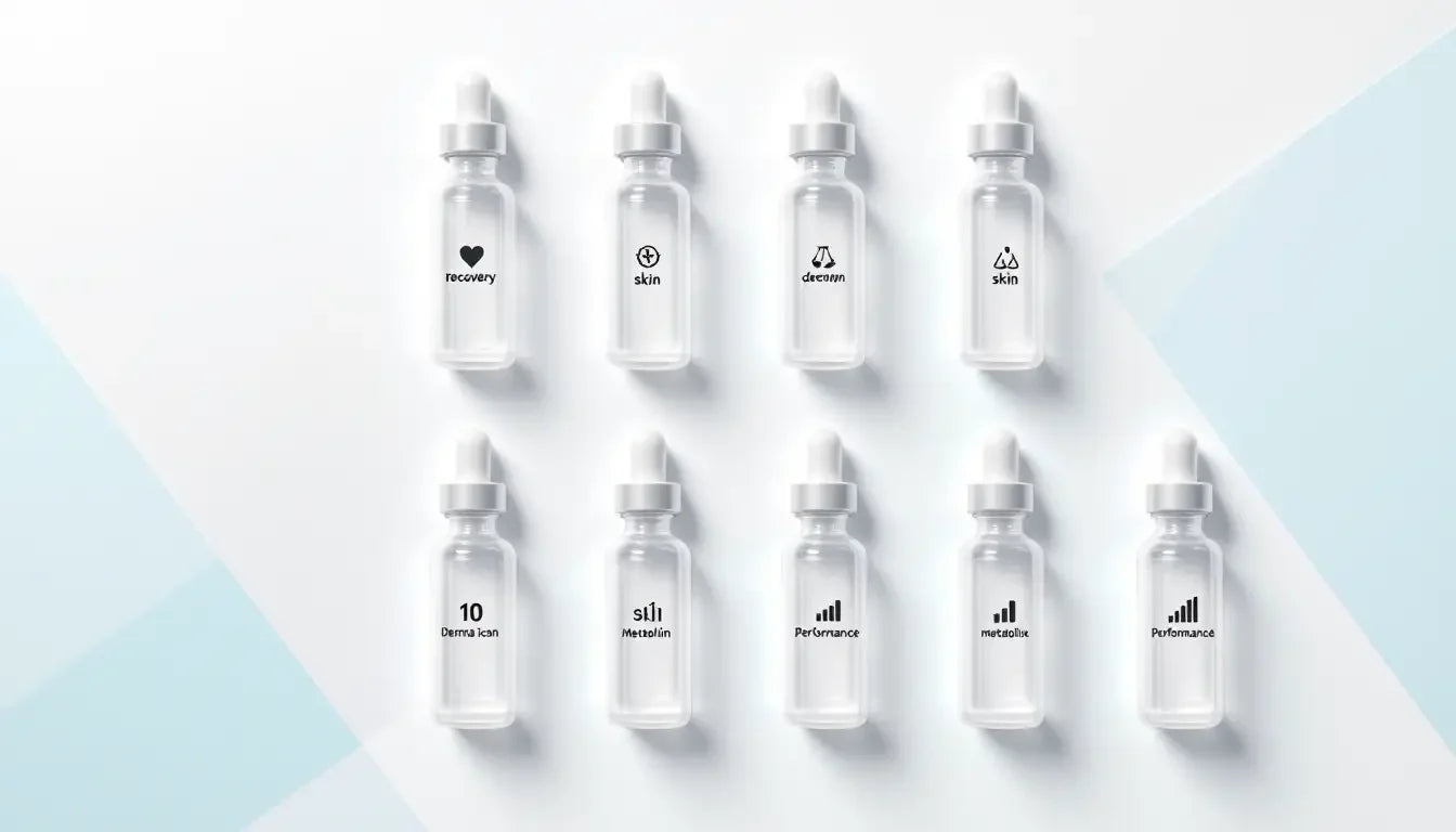 Set of 8 clear glass dropper bottles with silver caps for top research peptides skincare