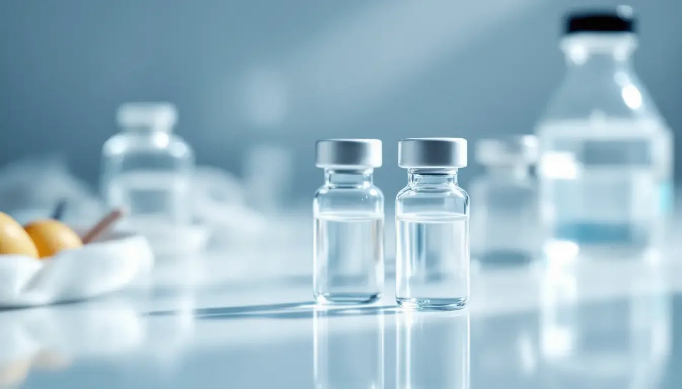 Two clear glass vials with silver caps of research peptides in India
