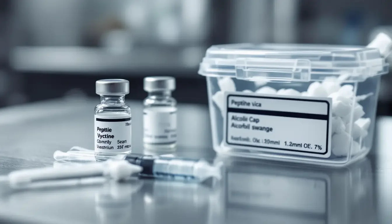 Retatrutide peptide icytine vials with syringes on reflective surface