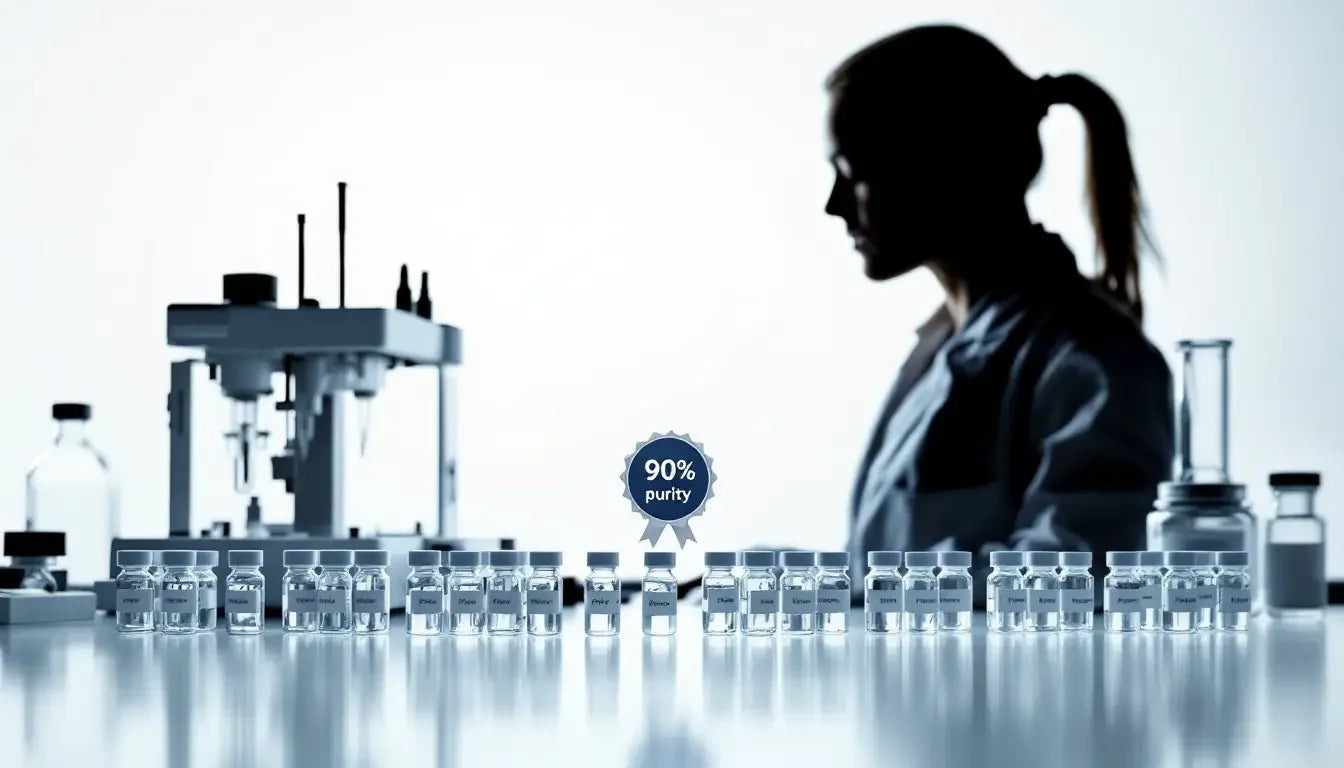 Rows of clear glass vials with Retatrutide peptide solution, white caps.