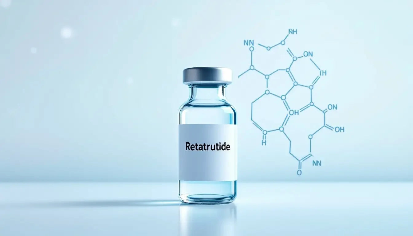 Clear retatrutide vial with silver cap and white label in research article