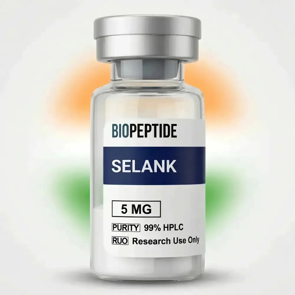 Clear glass vial with silver cap labeled biopeptide selank 5 mg showing 99 percent purity for peptide use