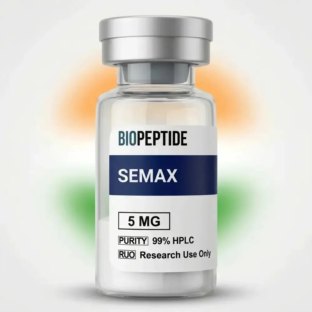 A clear glass vial with silver cap and white label biopeptide semax 5 mg for semax 5mg peptide 99 percent purity